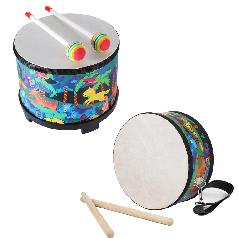 Floor Tom Drum for Kids and Kids Drum with Strap: 8 inch Percussion Instrument Music Drum with 2 Mallets for Baby Children Special Christmas Birthday Gift (Black and Black)