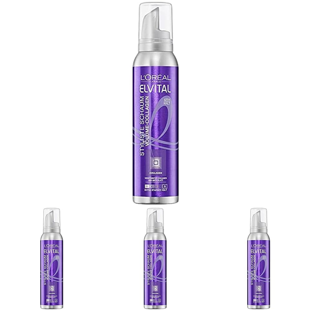 L'Oréal Paris Elvital Styliste Schaumfestiger, XXL-Volumen und Anti-Platt-Effekt, Ultra-starker Halt, Ohne Parabene, Schaumfestiger Volume-Collagen, 150ml (Packung mit 4)