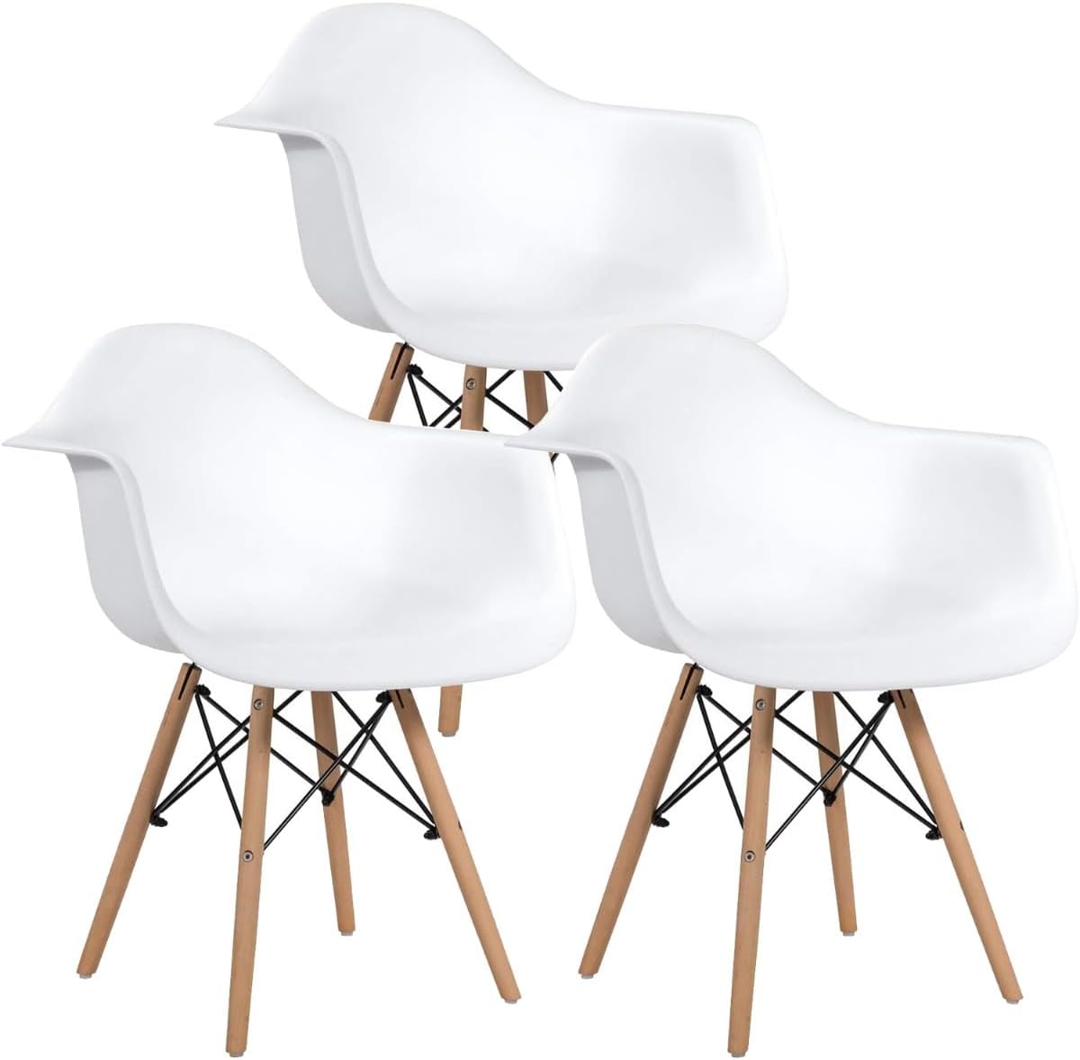 Mahmayi Modern Ultimate Eames Style DAW Armchair Pack of 3 - Dining Chairs with Natural Wooden Legs, Ergonomic Comfortable PU Leather Cushion, Stylish Lounge Chairs Ideal for Home and Office - White