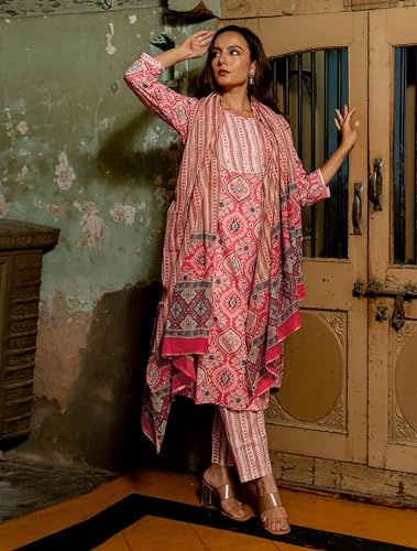 Image of MIRCHI FASHION Pure Cotton Women Straight Print & Thread Embroidery Kurti Set with Dupatta & Pant
