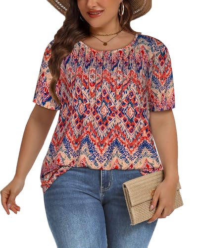 Image of Plus Size Tops for Women Pleated Summer Top Trendy Short Sleeve Shirts Casual Basic Tee Crew Neck Blouses 2026