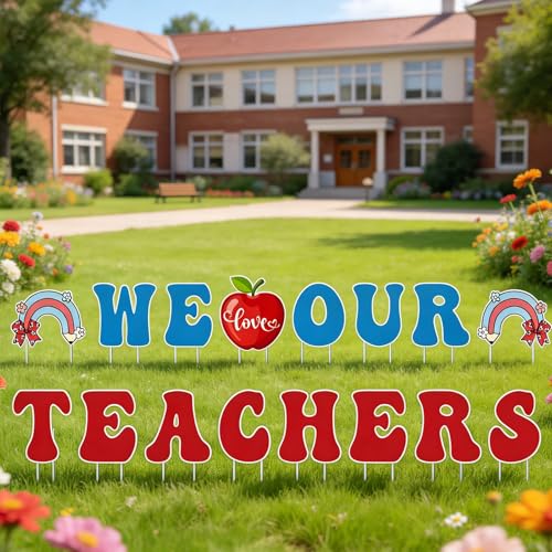 Rngmsi Teacher Appreciation Yard Signs with Stakes 16 PCS We Love Our Teachers Appreciation Yard Signs Decorations Thank You Teachers Party Supplies for Indoor Outdoor School Lawn Garden Home Decor