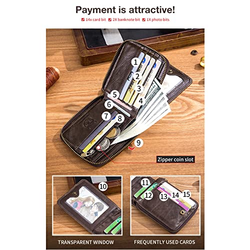Genuine Leather RFID Blocking Wallet for Men,Cowhide Wallet Vintage Bifold Zipper Wallet Card Organizer Money Pouch 13 Credit Card Slots+2 Cash Pouch+1 ID Window,Black4