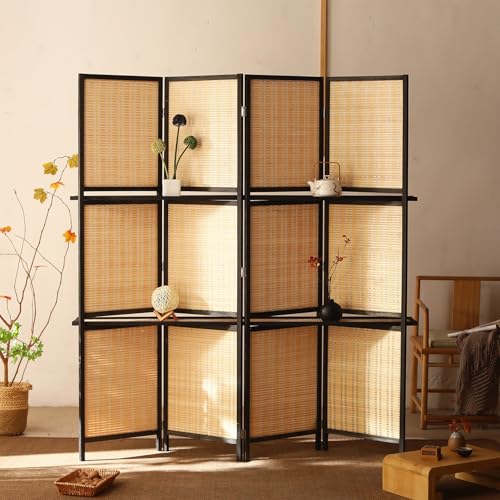 GN2AAIL 間仕切り パーテーション タイプ4 自立 折りたたみ オシャレ 軽量 衝立 目隠し 和室 リビング 4連 天然木製 スクリーン 竹編み パーティション 木製 つい立て パーティーション ついたて 折り畳み 避難所 ブラウン 180*45*4