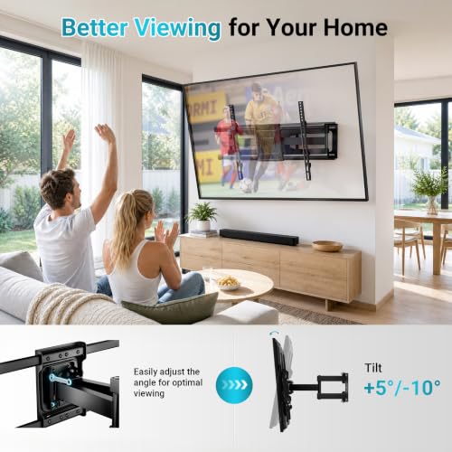 Image of BONTEC Full Motion TV Wall Mount for 37-90 Inch TVs, Heavy Duty Swivel Tilt | Hold up to 132lbs, Articulating Dual Arm Wall Mount TV Bracket, Max VESA 600x400mm, Fits 24 inch Wood Studs