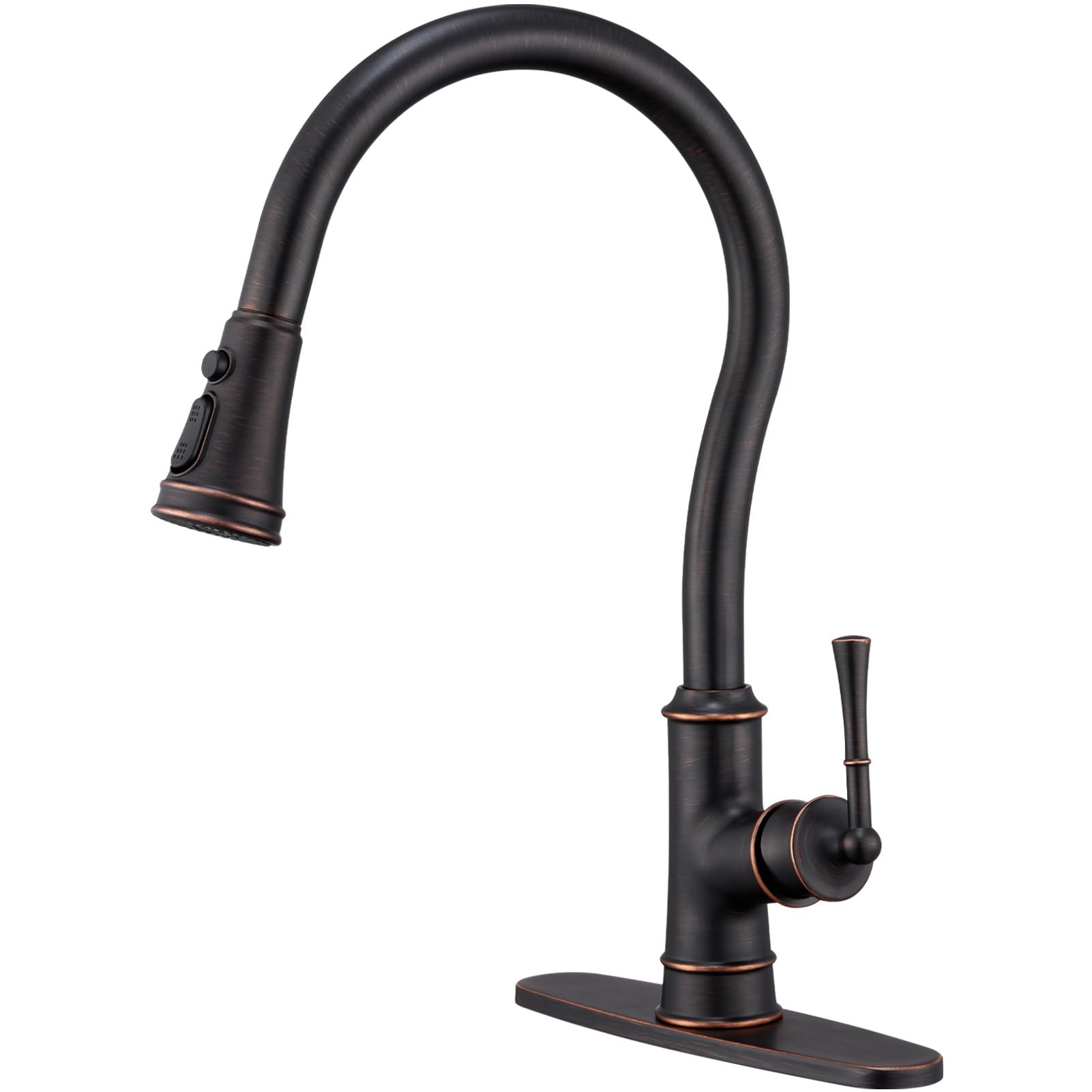 WINKEAR Brass Kitchen Faucet with Pull Down Sprayer, 3 Sprayer Modes Long Spout Kitchen Sink Faucet, Roman High Arc, Three Or Single Hole with Deck Plate, Easy Pre-Install Supply Hose, ORB