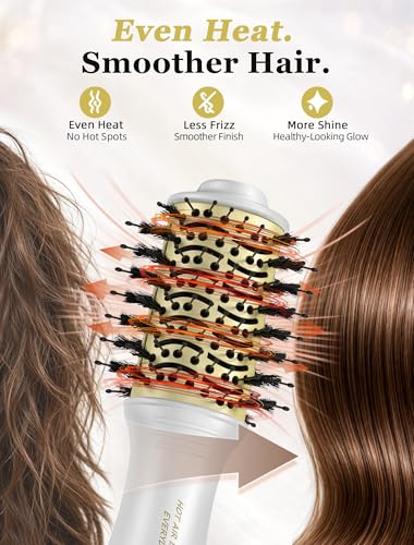 Image of Travel Hair Dryer Brush, 2 Inch Oval Blow Dryer Brush for Short to Medium Hair, Dual Voltage 120-240V Hot Air Brush, Ceramic Blowout Brush with 3 Heat Settings, White Gold