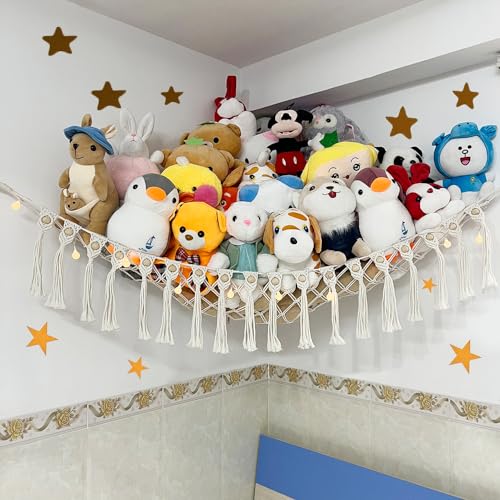 Image of Large Stuffed Animal Net or Hammock, Boho Macrame Toy Hammock with LED Lights, Decorate Room Space Saving Pet Net for Stuffed Animals, Suitable for Nursery, Playroom, Kids Bedroom