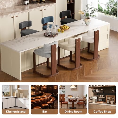 Image of Bar Stools Set of 6, Upholstered Counter Height Bar Stools, Mid Century Modern Counter Stools with Curved Backrest, Solid Wood Legs, 26 inch Bar Chairs for Kitchen Island Bar, Blue
