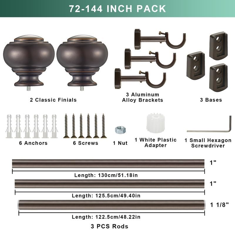 1 1/8 Inch Heavy Duty Curtain Rods, Single Curtain Rod for Window 72-144 Inch(6-12ft), Telescoping Drapery Rods with Classic Finials and Adjustable Aluminum Alloy Brackets, Antique Brown