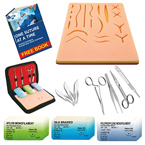 Suture Practice Kit for Medical Students | Includes Suturing Training Medical Book | Large Durable Silicone Pad with 19 Pre-Cut Wounds | Carryall-in One with Complete Tool Set