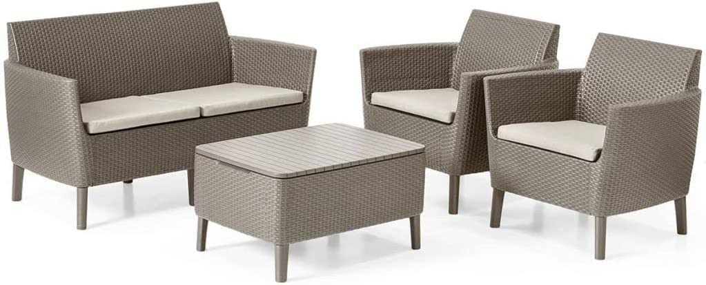Keter Salemo Lounge Set, Set Mobili Da Giardino In Rattan Con Divano 2 Posti 2 Poltrone E Tavolino Porta Cuscini, Cappuccino