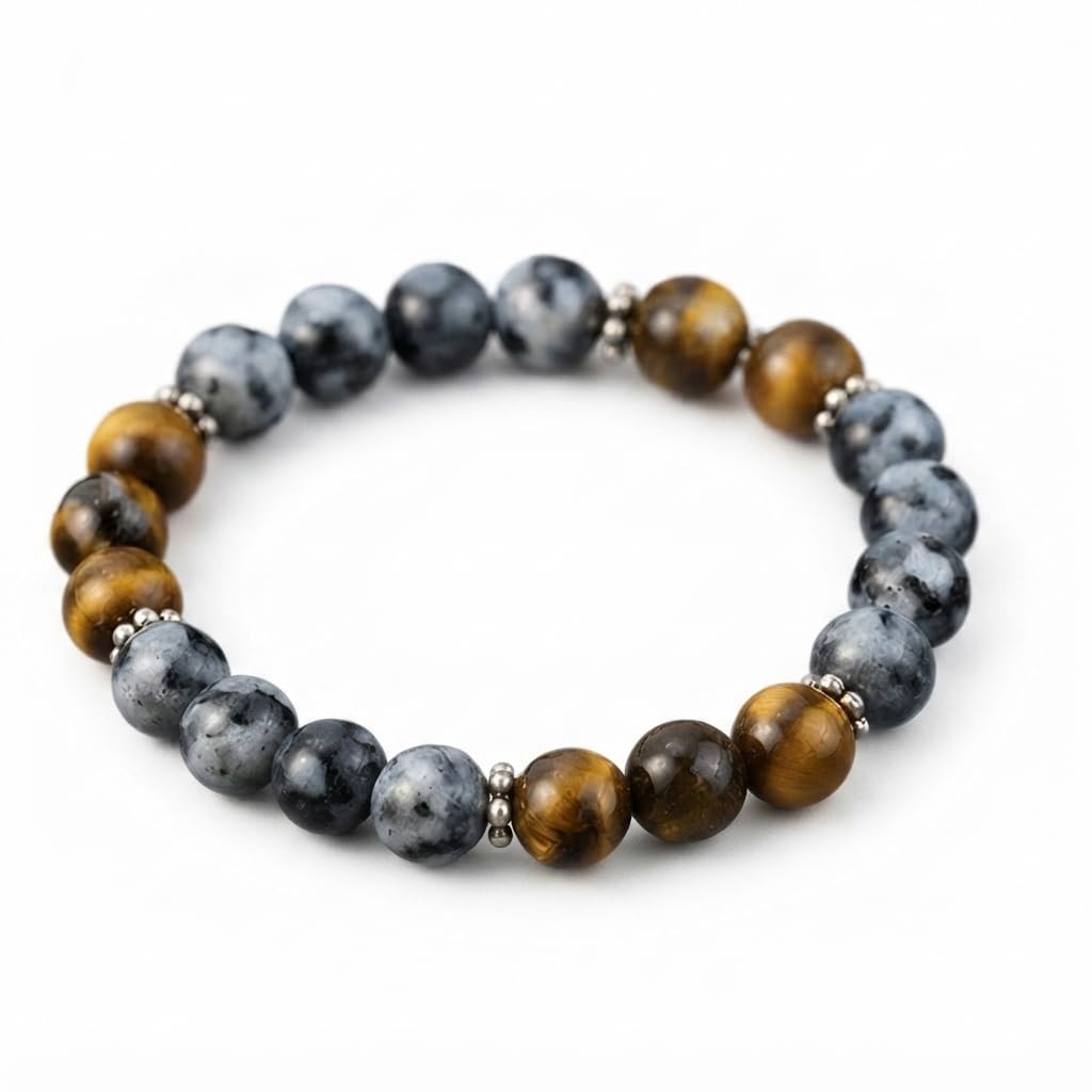 Tiger Eye & Grey Stone Beaded Stretch Bracelet with Silver Spacers-image-39