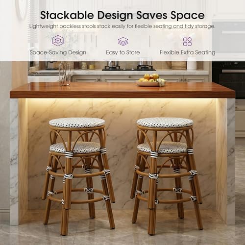 Image of PURPLE LEAF Patio French Round Counter Stool Set of 2 Large 26 inch Rattan Backless Barstool Bamboo Print Aluminum Frame with Woven Wicker for Indoor Outdoor Island Bar Chair White and Black