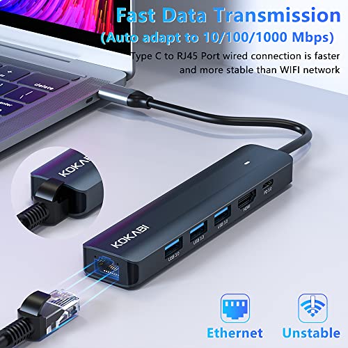 Adapter USB C Ethernet, koncentrator typu C z 4K HDMI, LAN RJ45 Gigabit, 3 x USB 3.0, 100 W PD, USB C HDMI Hub Multiport Adapter do MacBook Pro/Air M1, iPad Pro, ChromeBook, Surface Pro, Huawei i wielu innych