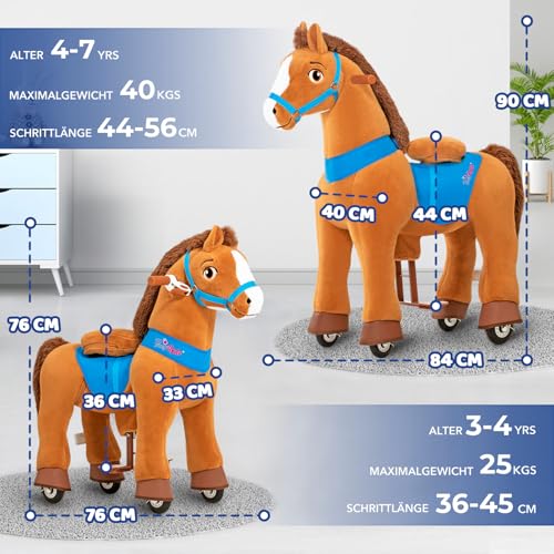 PonyCycle Pferd zum reiten, für Kinder 4–7 Jahre, 90cm Hoch, Reitpferd auf Rollen mit Handbremse, Schaukelpferd groß Rollen, Braunes Rollpferd, Basis Modell E - E437