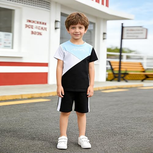 Image of Ayzozuy Boy Clothes Colorblock Top + Drawstring Waist Shorts 2 Pieces Kid Summer Outfits Set