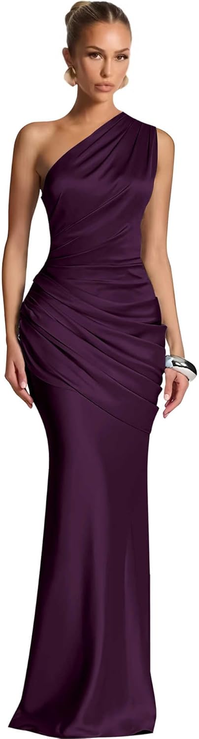 One Shoulder Satin Prom Dresses for Women 2026 Long Mermaid Pleated Formal Evening Party Gowns