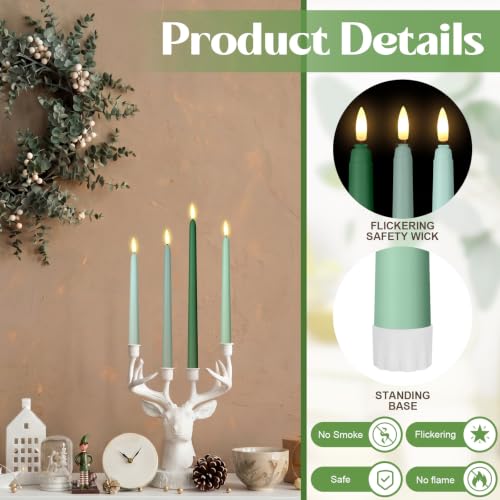 Image of Rossesay 24 Pcs Flameless LED Taper Candles Battery Operated Candles 8.5 inch, 9.65 inch, 10.8 inch, 12.8 inch Flameless Candlesticks Flickering for Christmas Church Wedding(Classic, Gradient Green)