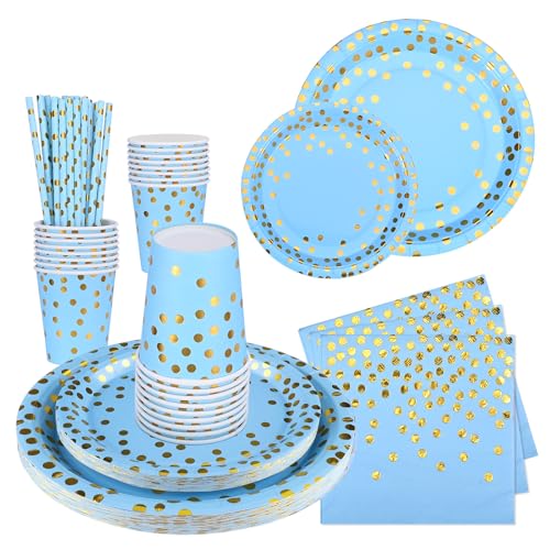 Shodiffy Kit Anniversaire, Assiette Anniversaire Fille Party Decoration Vaisselle 125 Pièces avec Tasse Serviette Papier Assiettes Tasses Serviettes pour 25 Invités (Bleu) (Bleu)