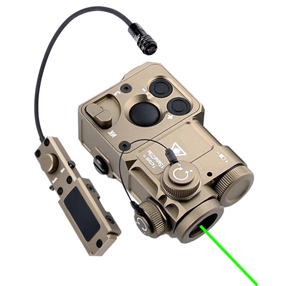 PRST4 Metal Box Laser Sights, Red/Green/Blue Laser Sight+IR Laser, with Remote Pressure Switch, Fit 20mm Rail, 4-Level Laser Brightness, 5 Function Modes, Tan (Green Laser)