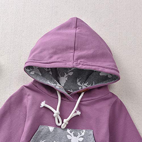 Calsunbaby Newborn Baby Boy Girl Long Sleeve Deer Romper Pullover Hooded Tops Pants 2Pcs Sweatshirt Outfits Set (Purple, 6-12 Months) #TOP3