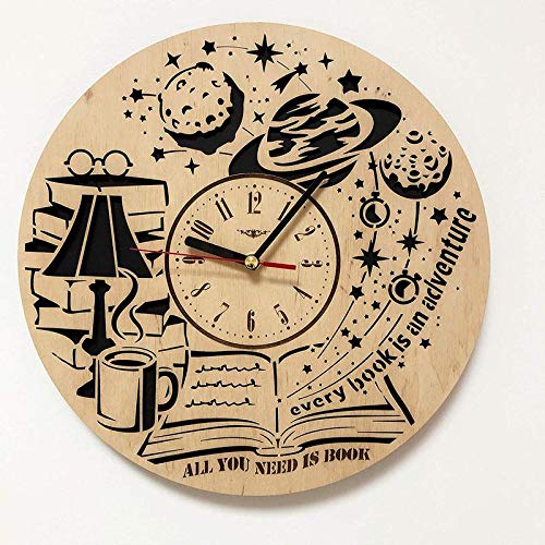 Study Room Wall Clock with Hobby Book Reading Design - 12 Inch Decorative Clock Made of Eco Wood with Silent Quartz Movement - Perfect for Home Decor, Living Room, Kitchen, and Bedroom
