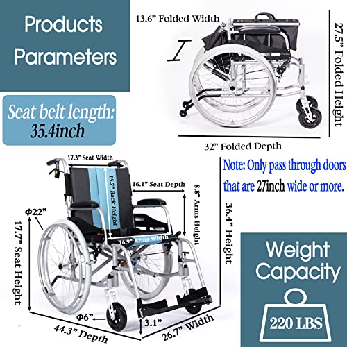 Hi-Fortune Magnesium Lightweight Foldable Wheelchair 21Lbs Self-Propelled Chair With Travel Bag And Cushion, Portable & Folding, Anti-Tipper Swing-Away Footrests, 17.5” Seat, Weight Capacity 220 Lbs #TOP1