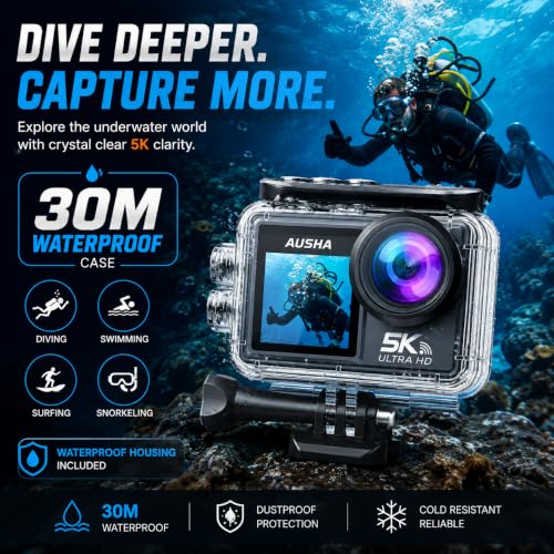 Image of AUSHA 5K Action Camera | 5K Ultra HD Videos, 50MP Photos, Dual Color Screen, WiFi, 30M Waterproof Case, Remote Control, 170 Wide Angle Sports Camera for Bike, Travel & Vlogging