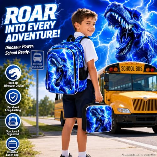 Image of 17 inch Dinosaur Backpack for Boy, 3Pcs Lightning Bookbag for Elementary Preschool Kindergarten, Kids School Backpacks with Lunch Box (Blue)