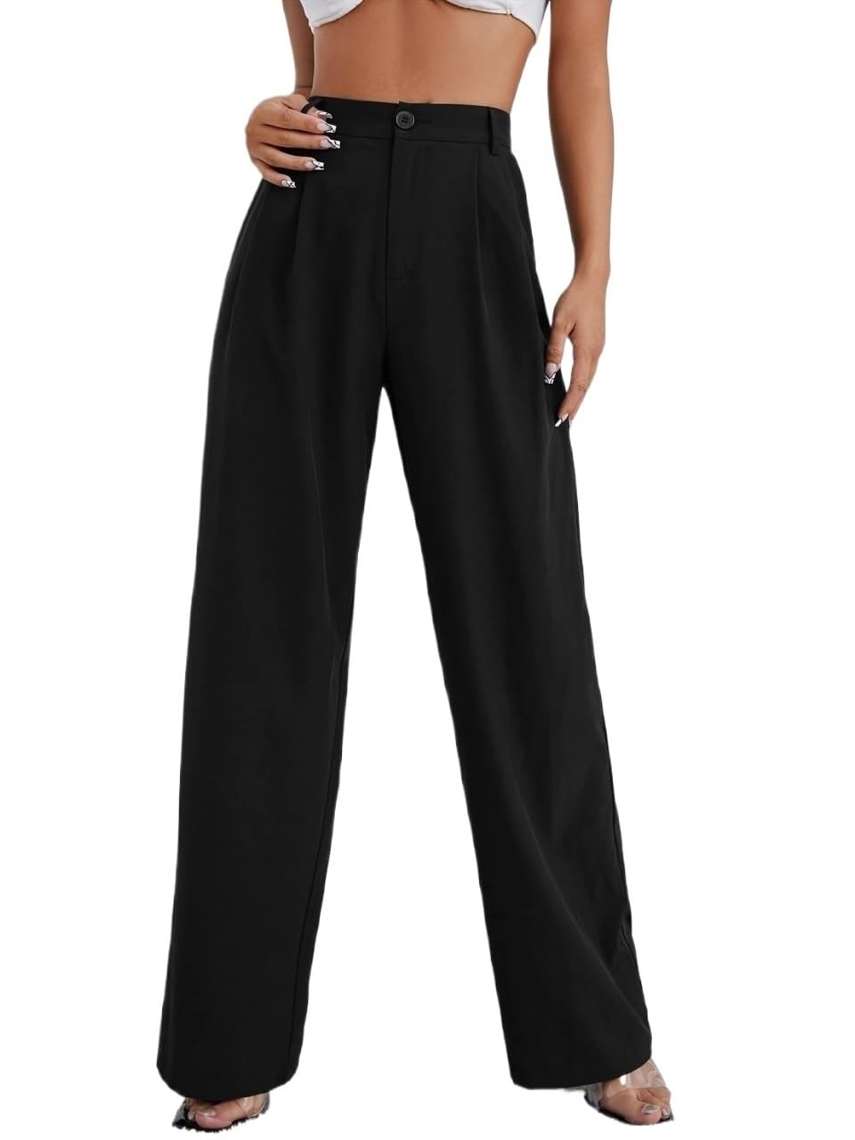 Womens Fall Solid Zip Up Straight Leg Pants Trousers Black