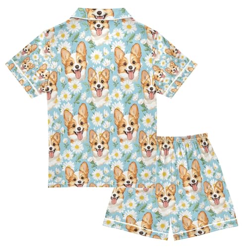 senya Cute Blue Daisy Dog Aa Satin Summer Pajama Sets Silk Short Sleeve Button Down Sleepwear2