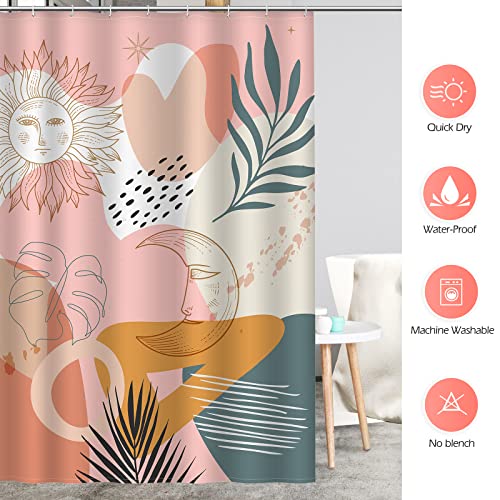 Aimego Boho Shower Curtain Modern Abstract Art Minimalist Sun Moon Plant Leaves Pattern Bohemian Shower Curtain Set With 12 Hooks For Bathroom Decor Accessories Bathtub Curtain, 72"X72" #TOP4