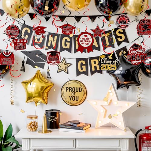 Image of Graduation Hanging Swirls, Graduation Decorations Class of 2025, 30 PCS Red and Black Graduations Party Decoration Congrats Grad Hanging Swirls Ceiling Streamers for School Graduations Party Supplies