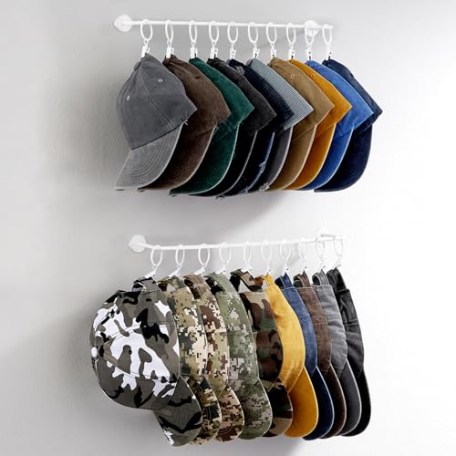 Image of Viklluyr Hat Wall Rack Cap Organizer: Baseball Hat Racks Display Holder with 20 Hooks Modern Metal White Hats Storage Wall Mounted Caps Hanger Set of 2 for Closet Door Bedroom Entryway Laundry