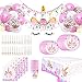 Himeland Kit Unicorno Festa Compleanno, Set Addobbi Compleanno Bambina, Cannucce Piatti bambini Tovaglia Palloncini Battesimo Posate Per 16 clienti