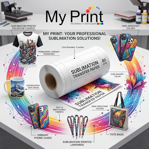 Image of MY PRINT Sublimation Paper Roll 8.5 Inch x 100 Meter | 80 GSM Sublimation Paper | Compatible with A4 Sublimation Printers | For T-Shirt, Polyester Fabric, Lanyard, Ribbon & Custom Printing