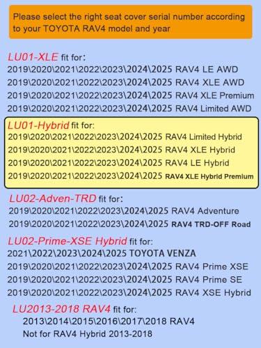 Housses de siège RAV4 simili cuir pour Toyota RAV4 2019 2020 2021 XLE Limited LE