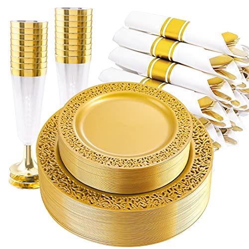 DaYammi 210PCS Solid Gold Disposable Plates with Gold Plastic Silverware and Cups for Party, Gold Plastic Plates Include: 30 Dinner Plates 30 Dessert Plates 30 Rolled Napkins with Cutlery 30 Cups