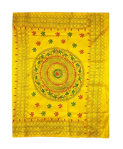 Image of SHRISTI CLOTHINGS Women's Hand Embroidered Cotton Silk Kantha Stitch Saree with Blouse Piece (SB4200924 YELLOWD95)