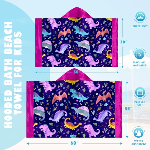 Image of Dinosaur Girls Beach Towel with Hoodie for Kids Toddlers Age 4-8, Pink Bath Towels Shower Wrap for Girls, Hooded Poncho Beach Blanket for Pool Swimming Cute Wearable Bath Towel for Child
