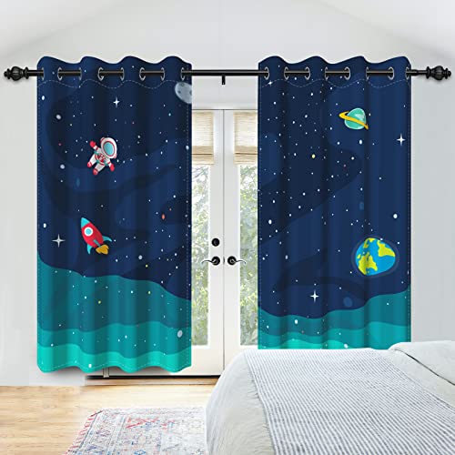 Qinunipoto カーテン 宇宙の柄 宇宙マンと地球 子供の部屋向け 120cm丈 2枚セット 遮光 プリントカーテン 防寒 ポリエステル製 窓かーてん ウィンドウ ブラインド シェード おしゃれ インテリア 間仕切り 目隠し 断熱 遮断