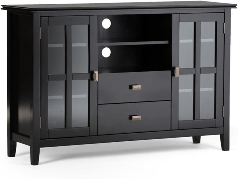 Pemberly Row 53" Solid Wood TV Media Stand, Black Finish, Transitional Style with Adjustable Shelving and Cord Management, Fits TVs Up to 60", Ideal for Living Room Media Storage