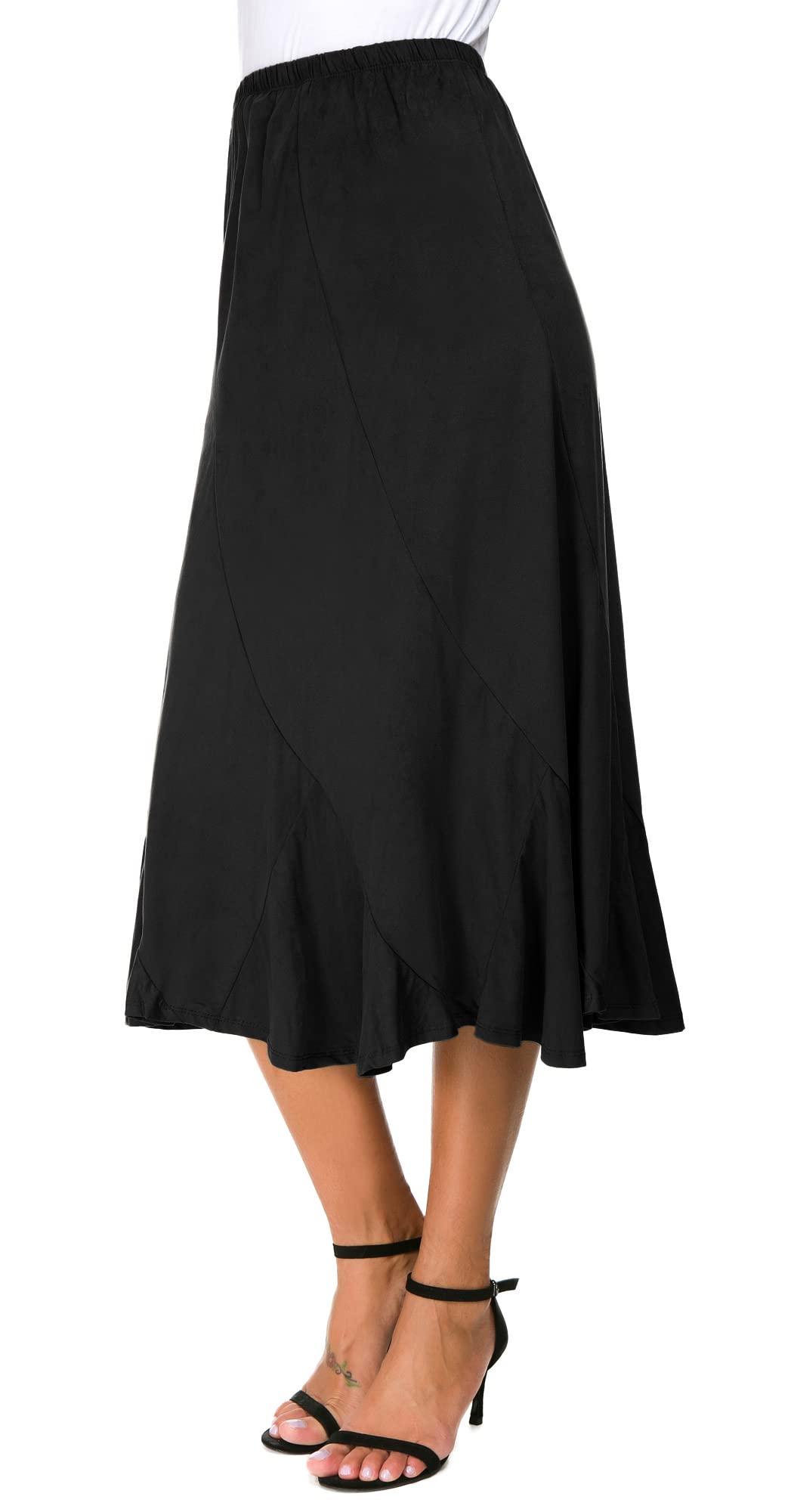 EXCHIC Womens Elegant Ankle Length Ruffle Hem Elastic Waist Suede Midi Skirt