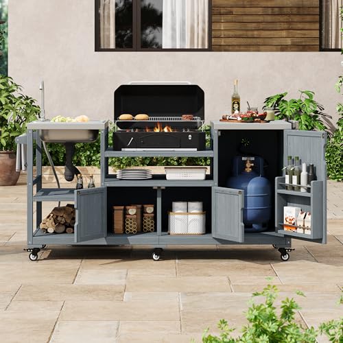 Image of Merax 75.4 inch Outdoor Grill Table for Big Green Egg, Outdoor Grill Cart with Sink, Solid Wood Grill Station Prep Table with with Stainless Steel Tabletop and Storage for Pizza Prep & BBQ,Grey Blue
