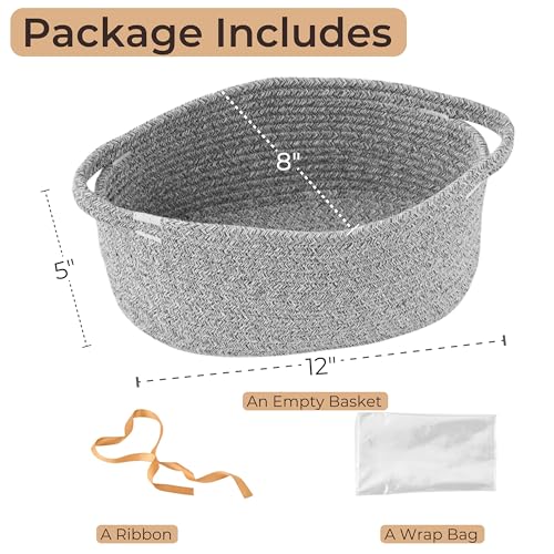 Image of Small Woven Gift Basket Empty with Bag & Ribbon, Storage Basket for Father's Day for Dad, Baby Shower, Raffle, Birthday, Cute Organizer with Handles, 12 inchx8 inchx5 inch, Gray