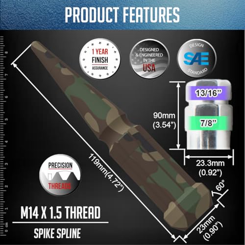 Image of Wheel Accessories Parts 20 Pcs + 1 Key M14x1.50 14x1.50 Thread Spike Spline 4.40 inch Long Lug Nuts Camo Truck Spline Hex Fits Chevy C1500 | GMC 1500 | RAM 1500 Classic | Jeep Wrangler