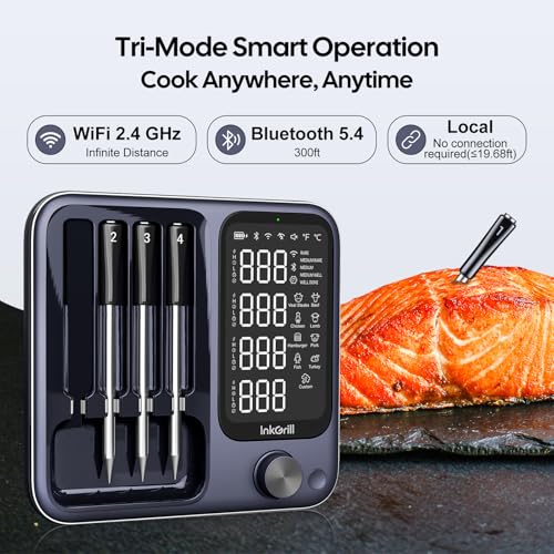 3-in-1 WiFi/Bluetooth/Thermomètre de mode local avec 4 Sondes de qualité alimentaire, Thermomètre à viande sans fil intelligent avec LCD Affichage, lecture rapide, support d'application, Thermomètre à viande numérique pour BBQ, Four, fumeur