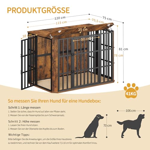 Hzuaneri Hundekäfig Möbel, Hochbelastbar Hundebox aus Holz für den Innenbereich mit Futtertür Oben, Mehrtür-Design, Großer Hundekäfig-Beistelltisch, 120 x 75 x 81 cm, Vintage Braun DFC86801B
