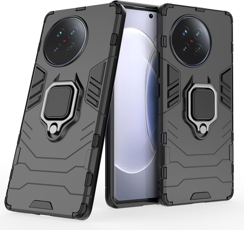 Image of FitSmart Protective Rugged Hybrid Robot Armor Hard Back Cover with Ring Kickstand Case for Xiaomi 14 Civi 5G - Black